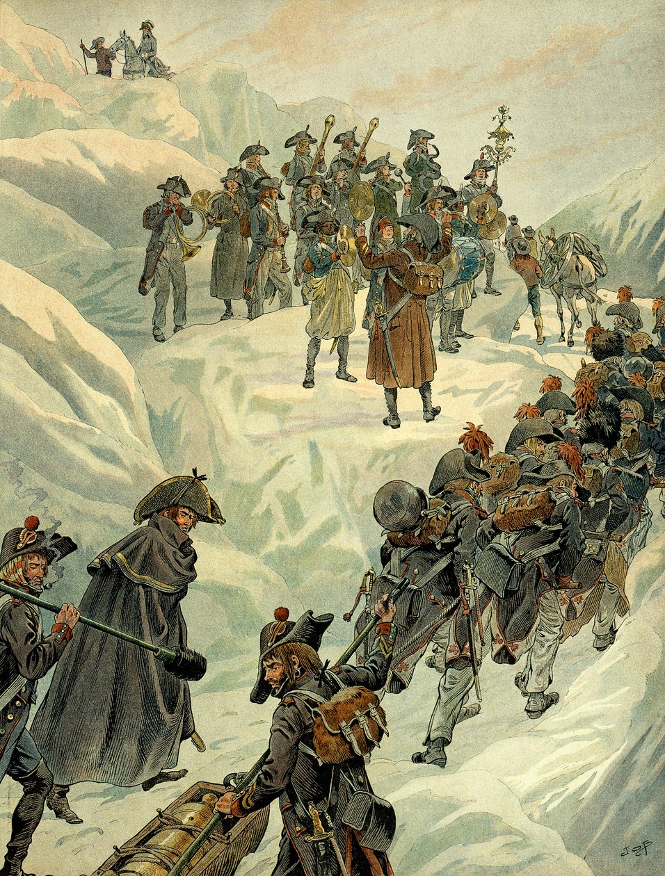 Italian Campaign (1799-1800): passage of the Saint Bernard pass into the Alps by the army of Napoleon I Bonaparte (1769-1821) on 20 May 1800. Illustration by Jacques Marie Gaston Onfray de Breville dit JOB (1858-1931). Private Collection بواسطة اسم مستعار لـ Onfray de Breville Jacques Job