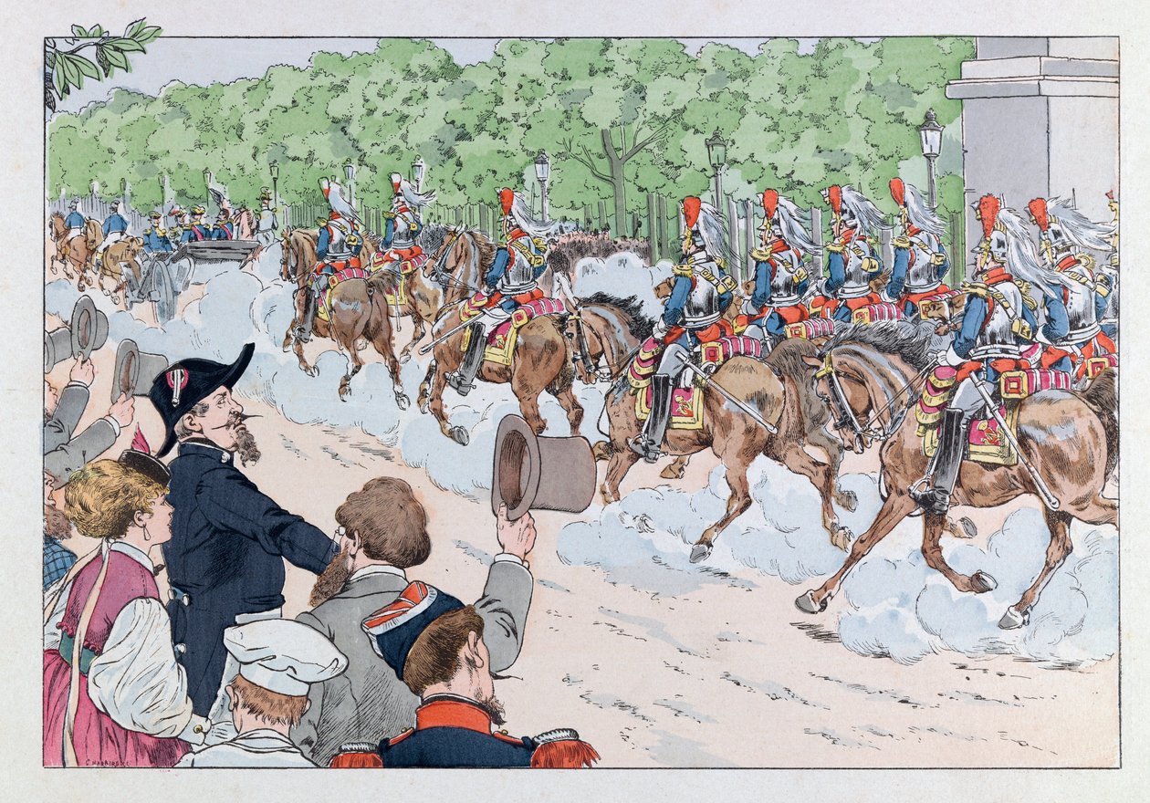 جاك ماري غاستون أونفراي دي بريفيل ديت جوب (1858-1931) ؛ رسم توضيحي من كتاب "Les epees de France": مرافقة الإمبراطور نابليون 3 في الشانزليزيه ؛ كول ، جزء بواسطة اسم مستعار لـ Onfray de Breville Jacques Job