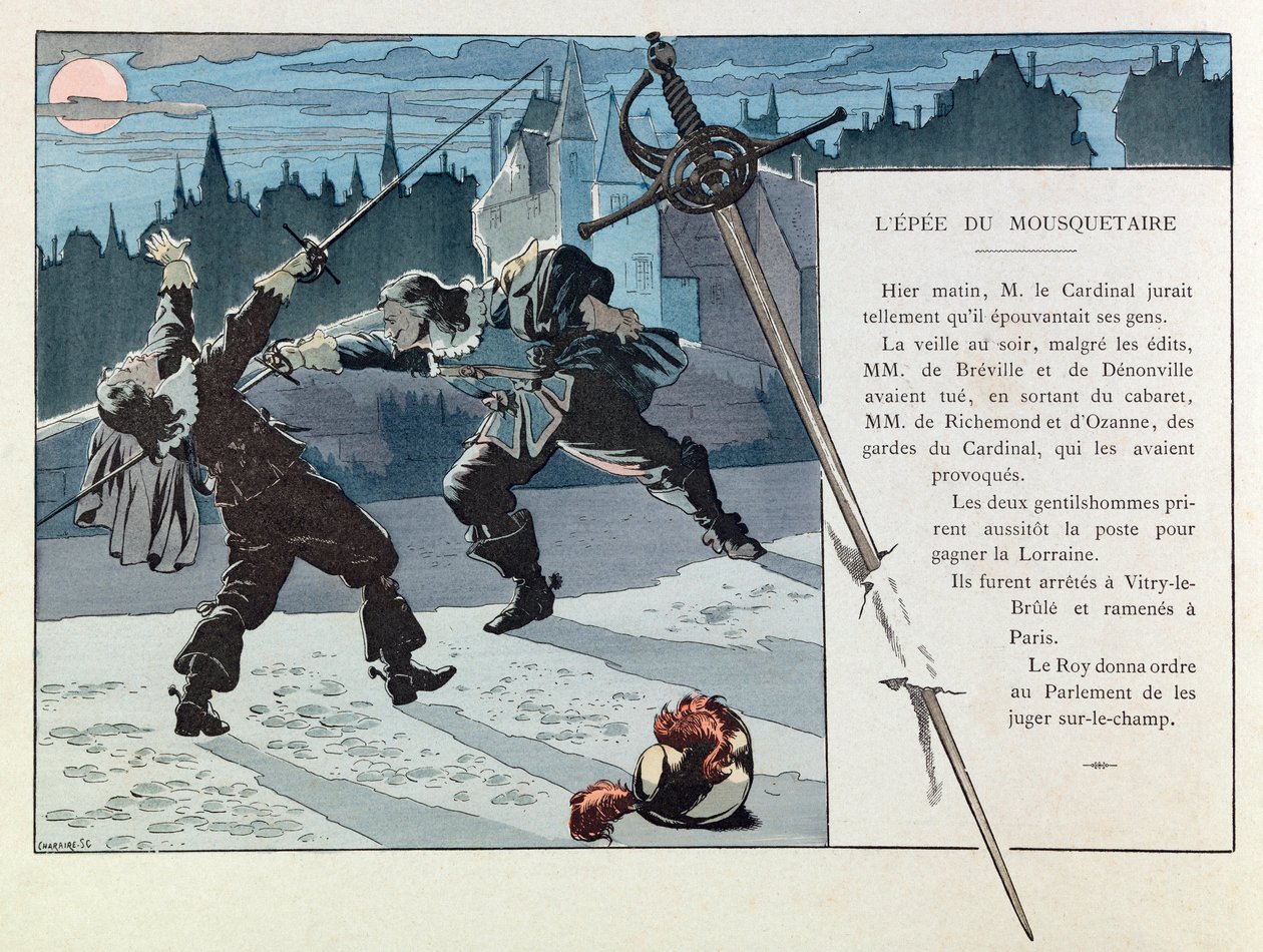 Jacques Marie Gaston Onfray de Breville dit JOB (1858 - 1931); Illustration from the book “Les epees de France”: Duel between a Musketeer and a guard of the cardinal (M de Breville and Denonville killed M de Richemond and M d