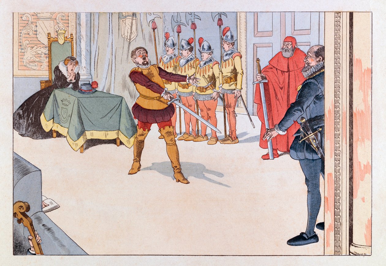 Jacques Marie Gaston Onfray de Breville dit JOB (1858 - 1931); Illustration from the book “Les epees de France”: Piece de theatre au 19th century; Coll, Part بواسطة اسم مستعار لـ Onfray de Breville Jacques Job