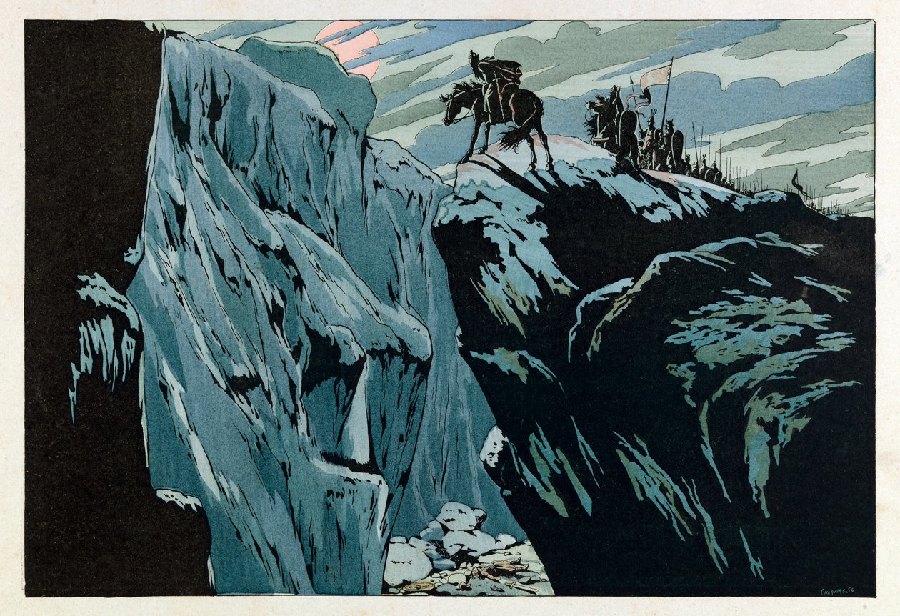 جاك ماري غاستون أونفراي دي بريفيل ديت جوب (1858-1931) ؛ رسم توضيحي من كتاب "Les epees de France": وفاة Roland a Roncesvalles عام 778 ؛ كول ، جزء. بواسطة اسم مستعار لـ Onfray de Breville Jacques Job