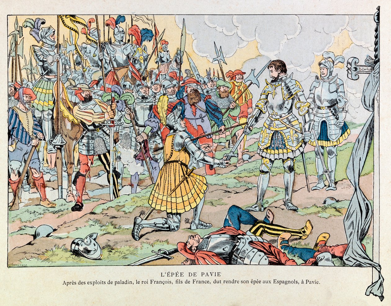 جاك ماري غاستون أونفراي دي بريفيل ديت جوب (1858-1931) ؛ رسم توضيحي من كتاب "Les epees de France": الملك فرانسوا الأول أعاد سيفه إلى الإسبان بعد هزيمة بافيا في 24 فبراير بواسطة اسم مستعار لـ Onfray de Breville Jacques Job