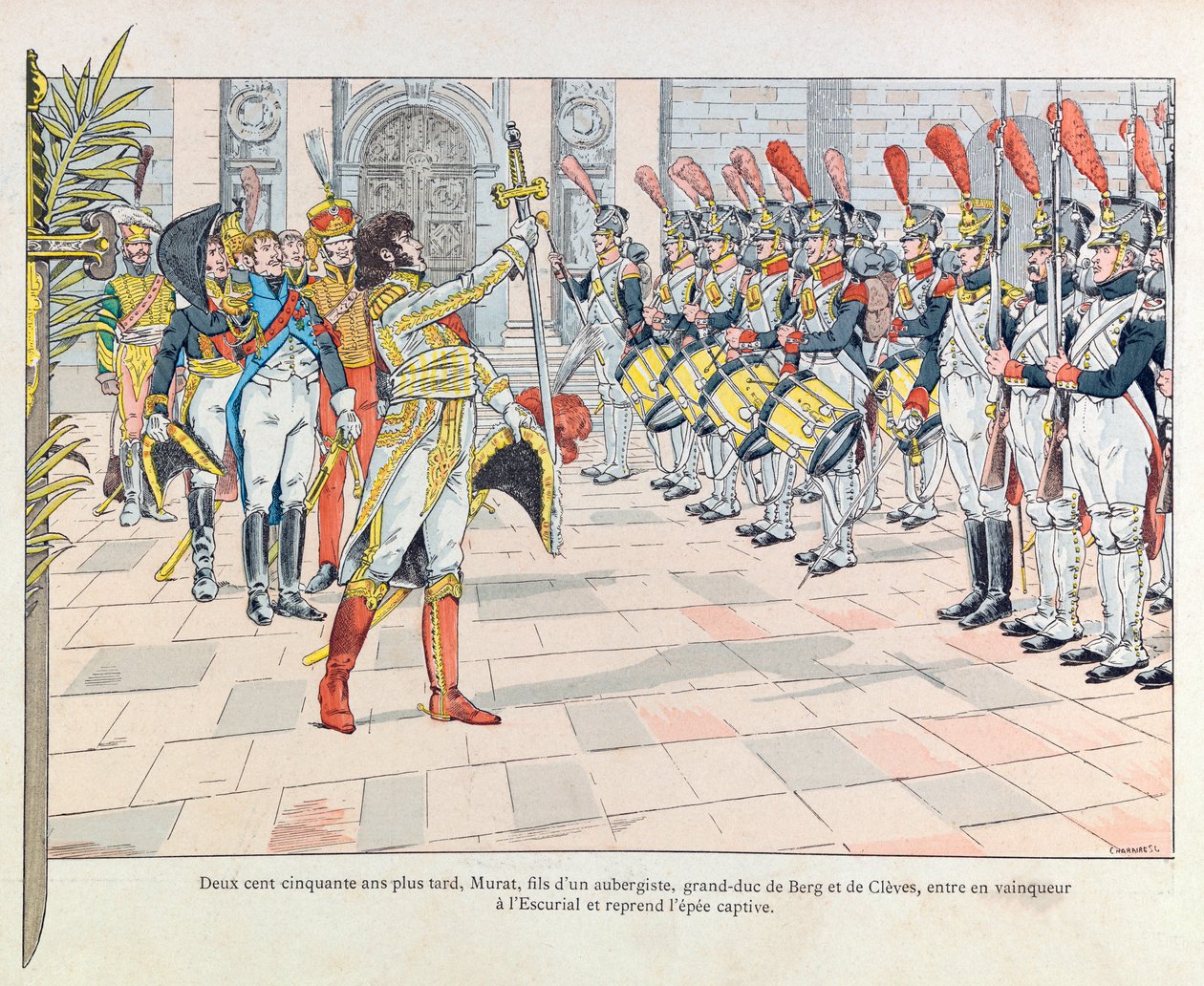 جاك ماري غاستون أونفراي دي بريفيل ديت جوب (1858-1931) ؛ رسم توضيحي من كتاب "Les epees de France": يواكيم مراد a l'Escorial يستأنف السيف الذي كان على فرانسوا أن أعطيها للإسبان في معركة بافيا عام 1525 خلال فترة حكم إسبانيا. بواسطة اسم مستعار لـ Onfray de Breville Jacques Job