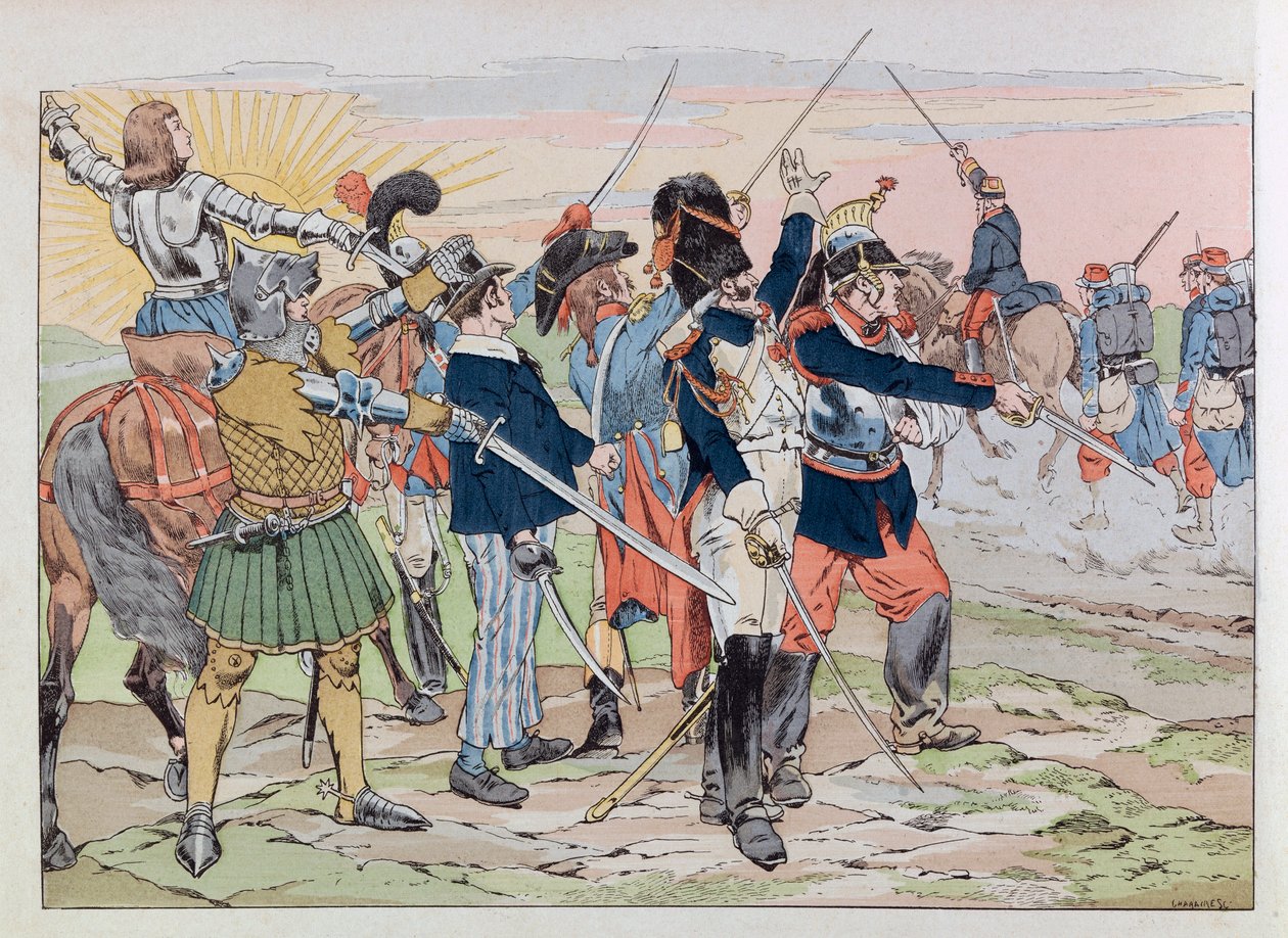 جاك ماري غاستون أونفراي دي بريفيل ديت جوب (1858-1931) ؛ رسم توضيحي من كتاب "Les epees de France": Allegorie des glories de France aux poilus de 1914 ؛ كول ، جزء بواسطة اسم مستعار لـ Onfray de Breville Jacques Job