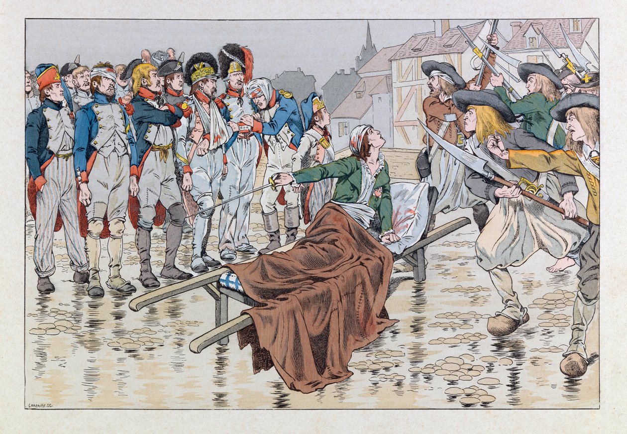 جاك ماري غاستون أونفراي دي بريفيل ديت جوب (1858-1931) ؛ رسم توضيحي من كتاب "Les epees de France": جراح ماركيز دي بونشامب المميتة بعد معركة شوليه عام 1793 تنقذ سجناء جمهوريين من أيدي الشوان ؛ كول ، على قدم المساواة بواسطة اسم مستعار لـ Onfray de Breville Jacques Job