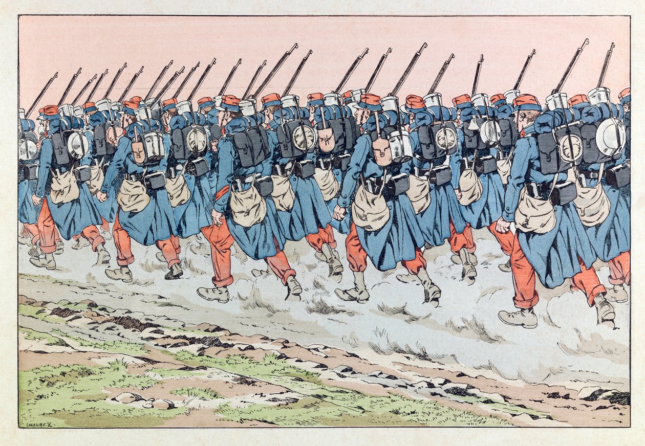 جاك ماري غاستون أونفراي دي بريفيل ديت جوب (1858-1931) ؛ رسم توضيحي من كتاب "Les epees de France": Les poilus de 14 en route pour le front؛ كول ، جزء بواسطة اسم مستعار لـ Onfray de Breville Jacques Job