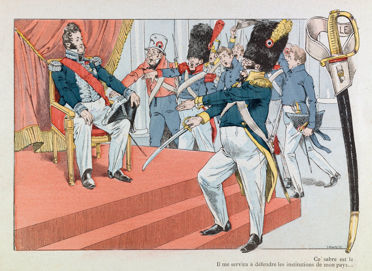 Jacques Marie Gaston Onfray de Breville dit JOB (1858 - 1931); Illustration taken from the book “” Les epees de France””: Louis Philippe (1773-1850) on the throne (Henri Monnier receiving the insignia of the National Guard “” This sabre is the most beautif بواسطة اسم مستعار لـ Onfray de Breville Jacques Job