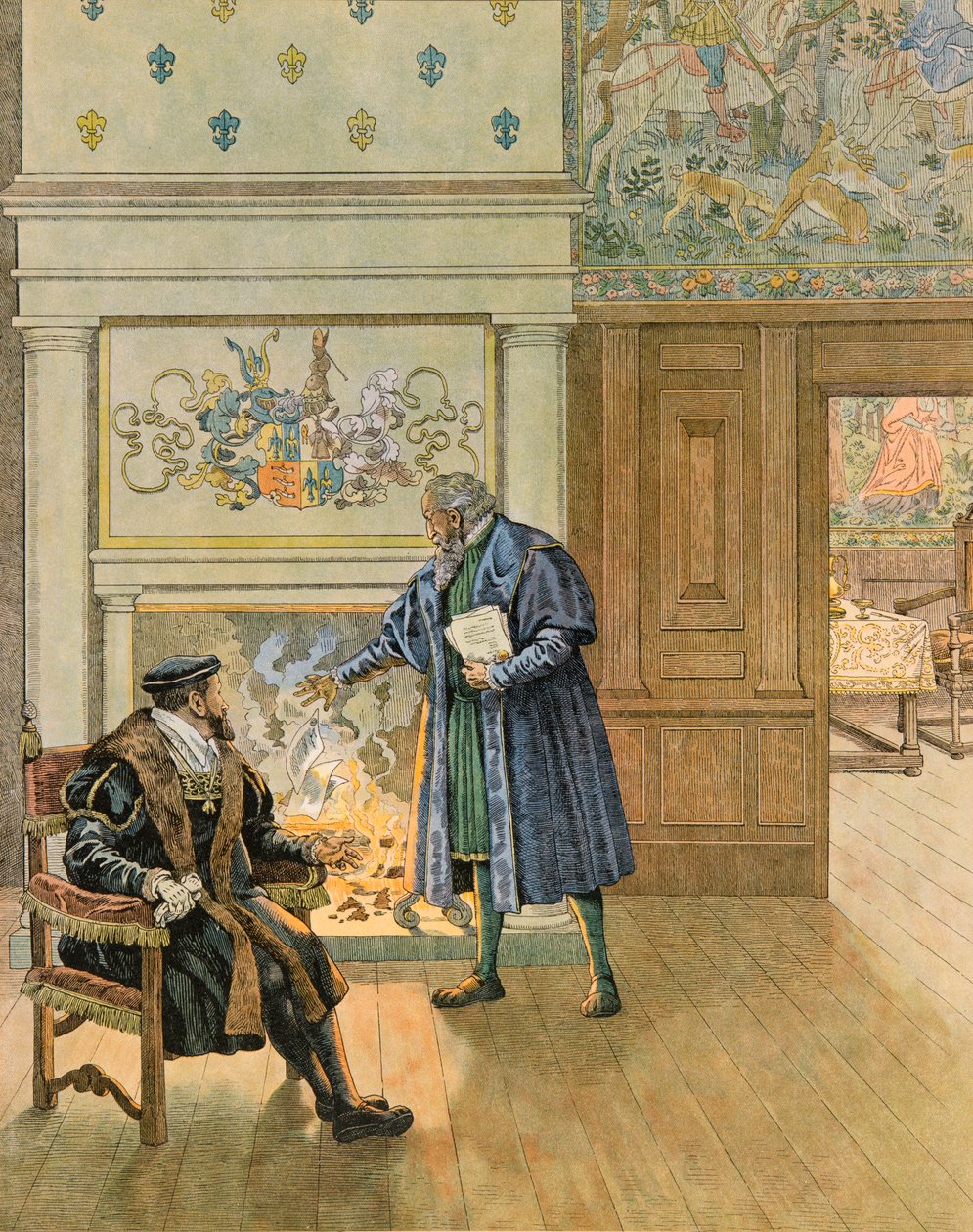 جاك ماري جاستون Onfroy de Breville dit JOB (1858-1931) - تاريخ بلجيكا: الإمبراطور تشارلز الخامس (1500 - 1558) يزور التجار والممولين الكبار لمدينة أنتويرب ، مجموعة خاصة بواسطة اسم مستعار لـ Onfray de Breville Jacques Job