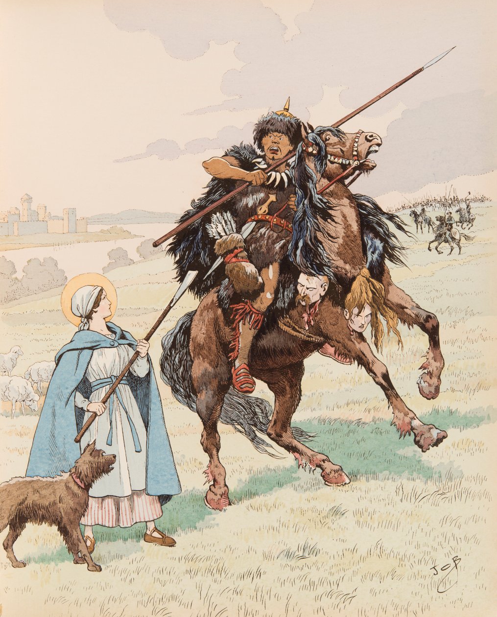 Jacques Marie Gaston Onfroy de Breville dit JOB (1858-1931) - Sainte genevieve during the siege of Paris in 451 repels the invasion of the Huns with their leader Attila, Private Collection بواسطة اسم مستعار لـ Onfray de Breville Jacques Job