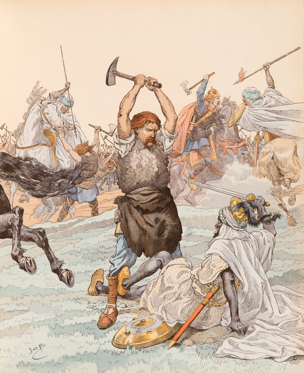 Jacques Marie Gaston Onfroy de Breville dit JOB (1858-1931) - The Blacksmith of Poitiers during the Battle of Poitiers in 732, Private Collection بواسطة اسم مستعار لـ Onfray de Breville Jacques Job
