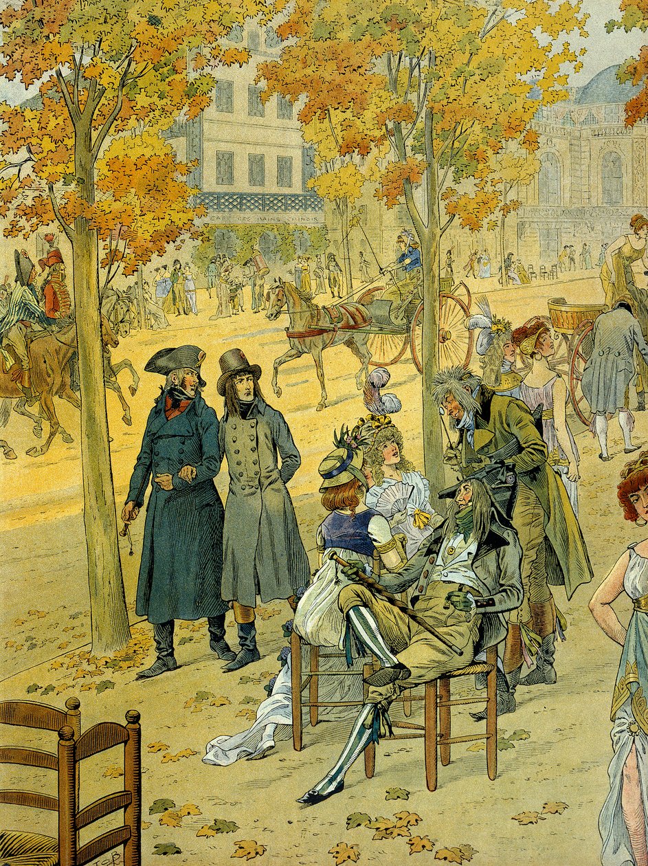 Jean Andoche Junot (Jean-Andoche) (1771-1813) and Napoleon I Bonaparte (1769-1821) walk along Boulevard de Coblenz (Boulevard de Ghent) in Paris in front of the Incredible. Illustration by Jacques Marie Gaston Onfray de Breville dit JOB (1858-1931) بواسطة اسم مستعار لـ Onfray de Breville Jacques Job