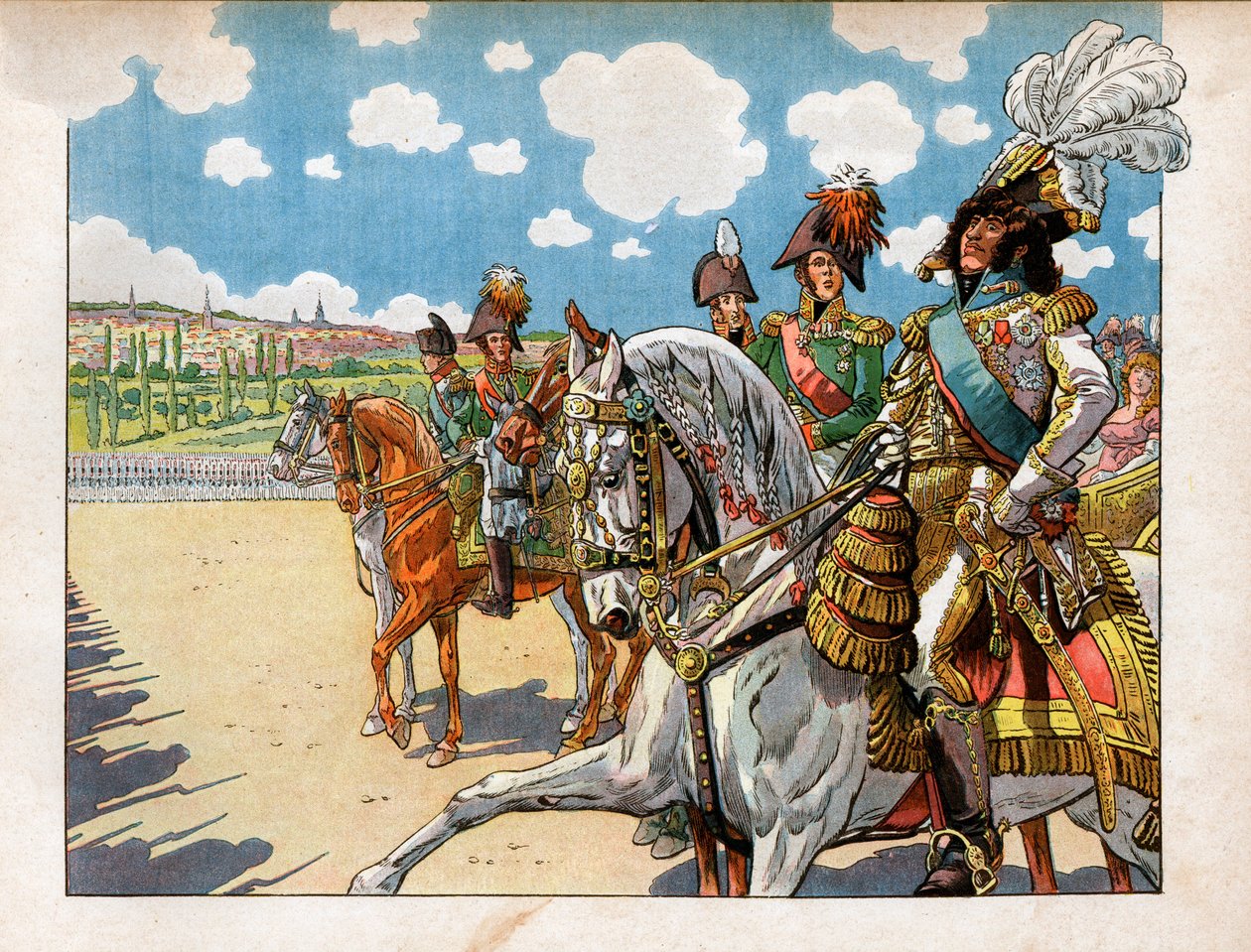 رافق يواكيم مراد (1767-1815) نابليون الأول بونابرت (1869-1921) وألكسندر الأول ، إمبراطور روسيا (1777-1825) أثناء مراجعة القوات أثناء معاهدة تيلسيت في 7 يوليو 1807. نقش جاك ماري غاستون أونفراي دي بريفيل ديت جوب (185 بواسطة اسم مستعار لـ Onfray de Breville Jacques Job