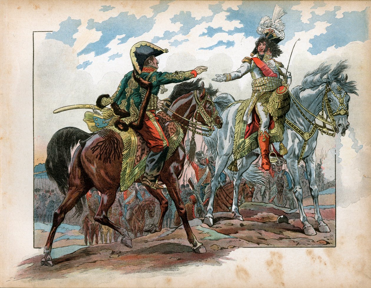 Joachim Murat (1767-1815) and General Antoine Charles Louis de La Salle (Lasalle) (1775-1809) during the Battle of Heilsberg in 1807. Engraving by Jacques Marie Gaston Onfray de Breville dit Job (1858-1931) بواسطة اسم مستعار لـ Onfray de Breville Jacques Job