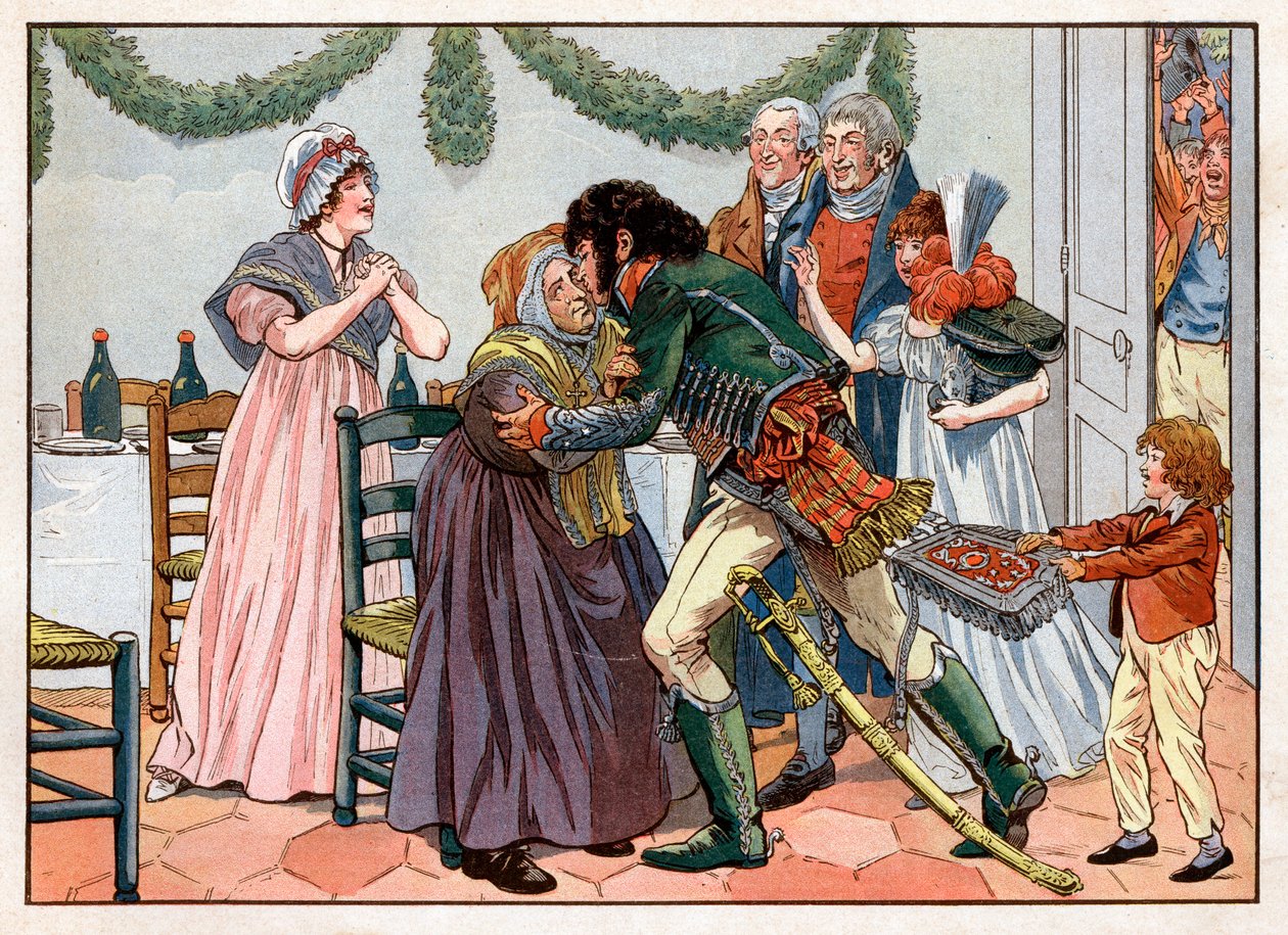 يواكيم مراد (1767-1815) في المنزل يقبل والدته في نزل العائلة. نقش لجاك ماري غاستون أونفراي دي بريفيل ديت جوب (1858-1931) بواسطة اسم مستعار لـ Onfray de Breville Jacques Job