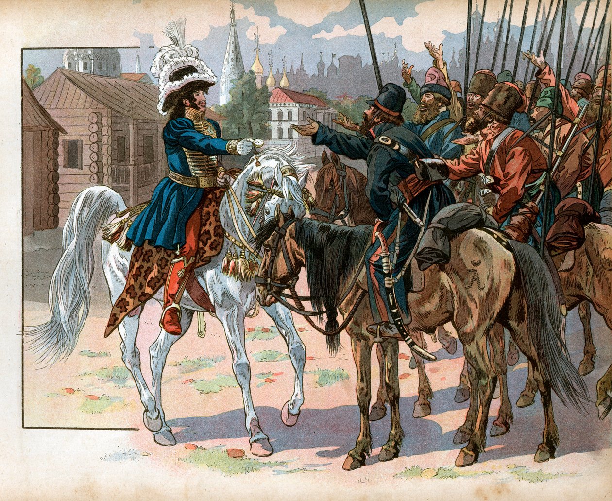 يواكيم مراد (1767-1815) في موسكو يقدم ساعة للروس. نقش لجاك ماري غاستون أونفراي دي بريفيل ديت جوب (1858-1931) بواسطة اسم مستعار لـ Onfray de Breville Jacques Job