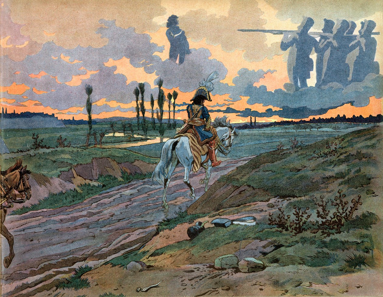 عاد يواكيم مراد (1767-1815) إلى نابولي بعد هزيمة لايبزيغ في عام 1813. نقش لجاك ماري غاستون أونفراي دي بريفيل ديت جوب (1858-1931) بواسطة اسم مستعار لـ Onfray de Breville Jacques Job