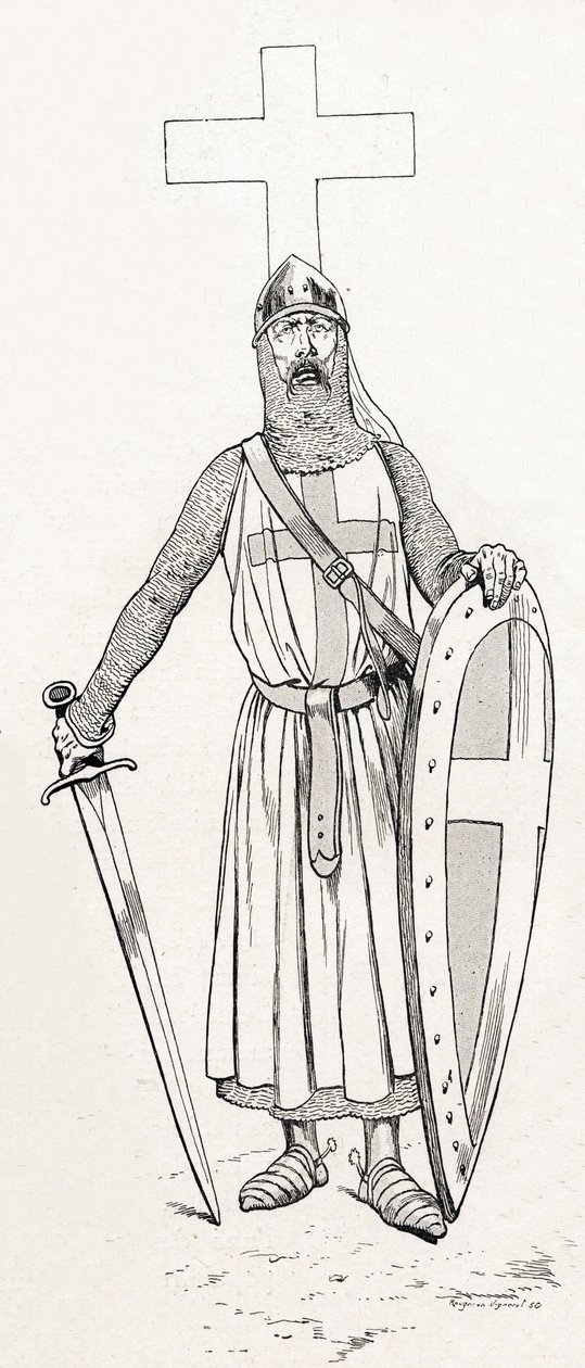 فارس لويس التاسع المعروف باسم سانت لويس (1214-1270) في زي صليبي. رسم توضيحي لأيوب (جاك ماري غاستون أونفراي وبريفيل) (جاك ماري) (1858-1931) لكتاب "الكلمات التاريخية العظيمة لبلد فرنسا" "1915. مجموعة بريفيه. بواسطة اسم مستعار لـ Onfray de Breville Jacques Job