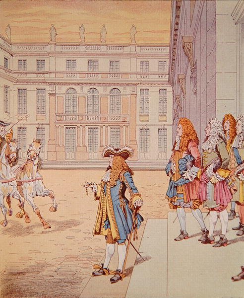 لويس الرابع عشر في باحة فرساي ينطق بعبارته الشهيرة "جاي فيلي أتندر" ، حوالي 1910-20 (لون ليثو) بواسطة اسم مستعار لـ Onfray de Breville Jacques Job
