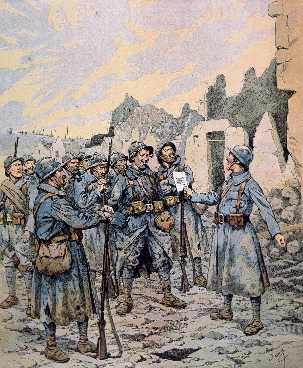 Mutiny in the French army on the Western Front, April-May 1917 (colour litho) بواسطة اسم مستعار لـ Onfray de Breville Jacques Job
