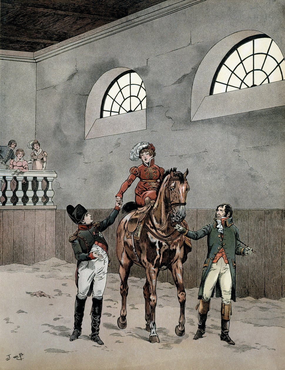 حضر نابليون بونابرت (1729-1821) دروس ركوب الخيل للإعجاب النمساوي ماري لويز (1791-1847). في "" نابليون "لجورج مونتورجيل. رسم توضيحي لجاك ماري غاستون أونفراي دي بريفيل Dit JOB (1858-1931) بواسطة اسم مستعار لـ Onfray de Breville Jacques Job
