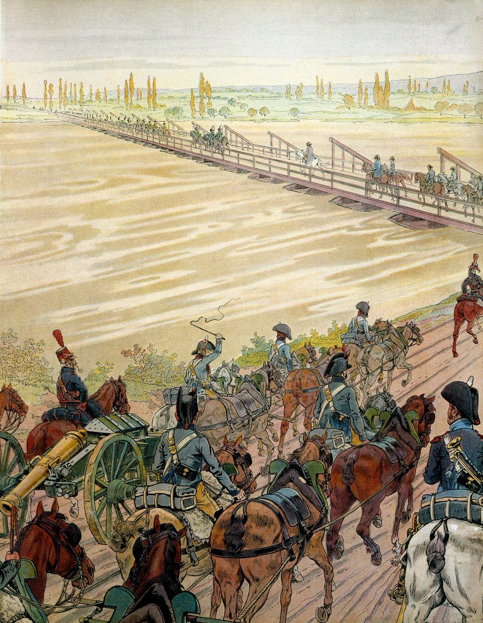 مر نابليون بونابرت (1769-1821) وجيشه على نهر الراين في 1 أكتوبر 1805. في "" نابليون "لجورج مونتورجيل. رسم توضيحي لجاك ماري غاستون أونفراي دي بريفيل Dit JOB (1858-1931) بواسطة اسم مستعار لـ Onfray de Breville Jacques Job