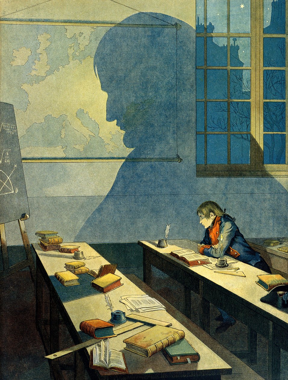 Napoleon I Bonaparte (1769-1821) studying at the Royal Military School of Brienne (school run by the Minimes in the Aube, Champagne Ardennes). Its shadow falls on the geographic map of Europe. Illustration by Jacques Marie Gaston Onfray de Breville dit JOB بواسطة اسم مستعار لـ Onfray de Breville Jacques Job