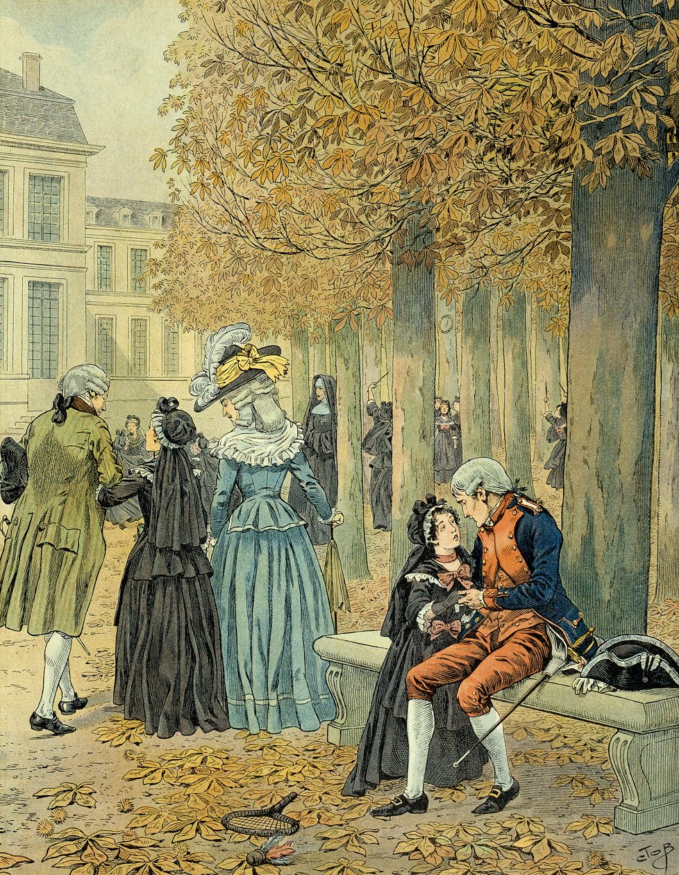 زار نابليون بونابرت (1769-1821) أخته إليسا بونابرت (1777-1820) في البيت الملكي للقديس سير (سان سير). رسم توضيحي لجاك ماري غاستون أونفراي دي بريفيل Dit JOB (1858-1931) بواسطة اسم مستعار لـ Onfray de Breville Jacques Job