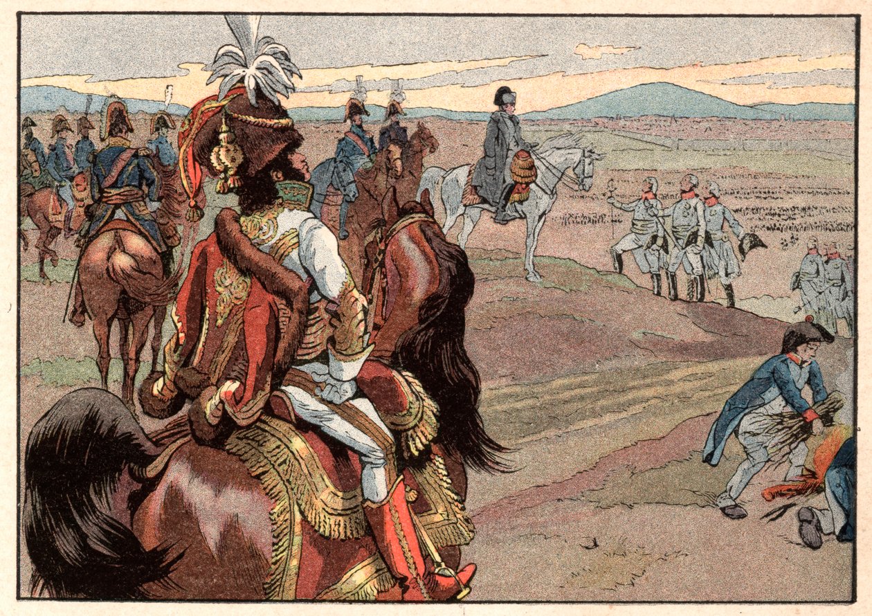 Napoleon I Bonaparte (1769-1821) with Joachim Murat (1767-1815) during the surrender of Ulm in 1805. Engraving by Jacques Marie Gaston Onfray de Breville dit Job (1858-1931) بواسطة اسم مستعار لـ Onfray de Breville Jacques Job