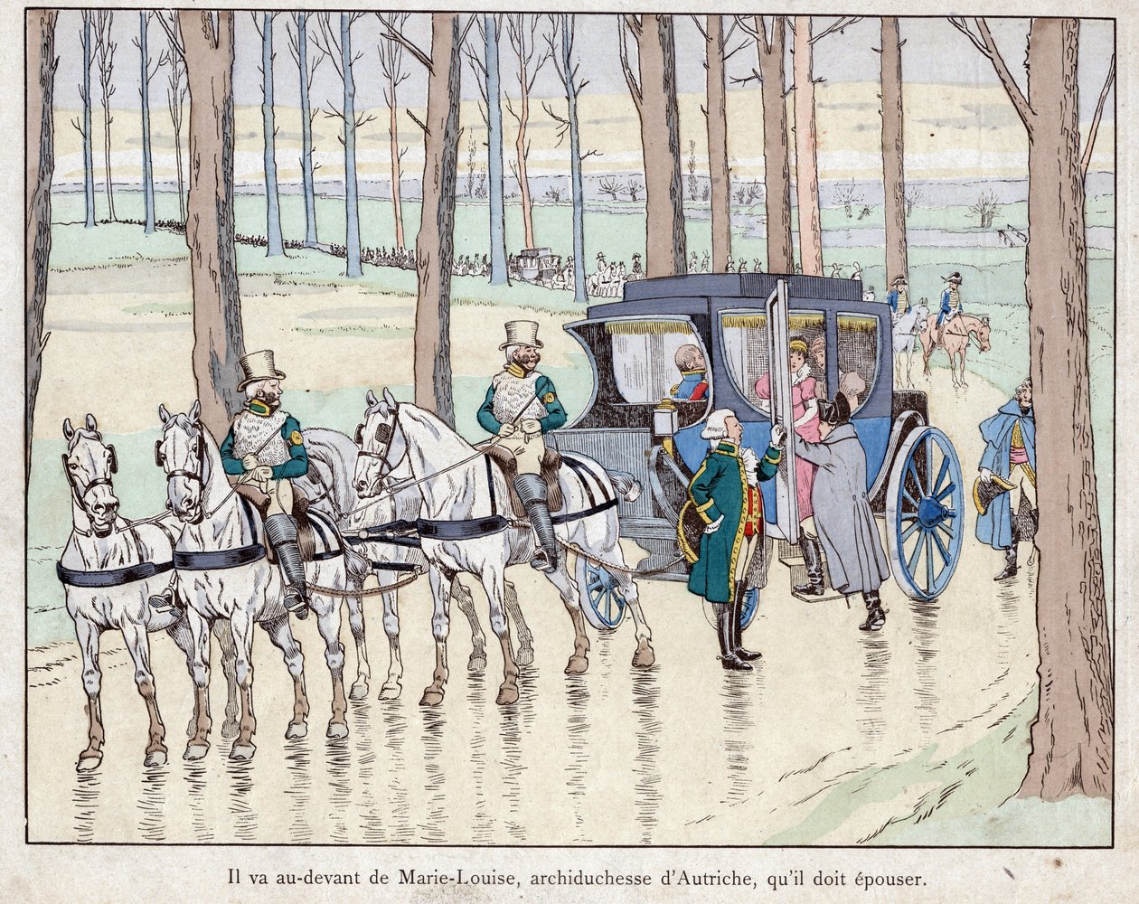 لقاء نابليون مع أرشيدوقة النمسا ماري لويز - 1810 - الطباعة الحجرية بواسطة Job (Jacques Onfroy de Breville) من "" Le Grand Napoleon des Petites Enfants "" "1893 بواسطة اسم مستعار لـ Onfray de Breville Jacques Job