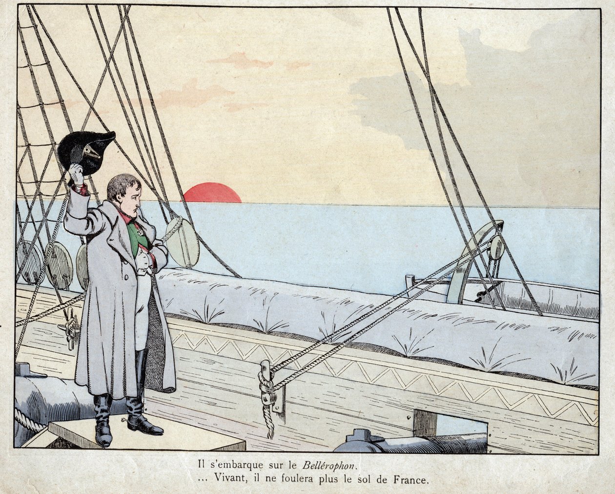 نابليون على متن HMS Bellerophon 1815 - الطباعة الحجرية بواسطة Job (Jacques Onfroy de Breville) من "" Le Grand Napoleon des Petites Enfants "" "1893 بواسطة اسم مستعار لـ Onfray de Breville Jacques Job