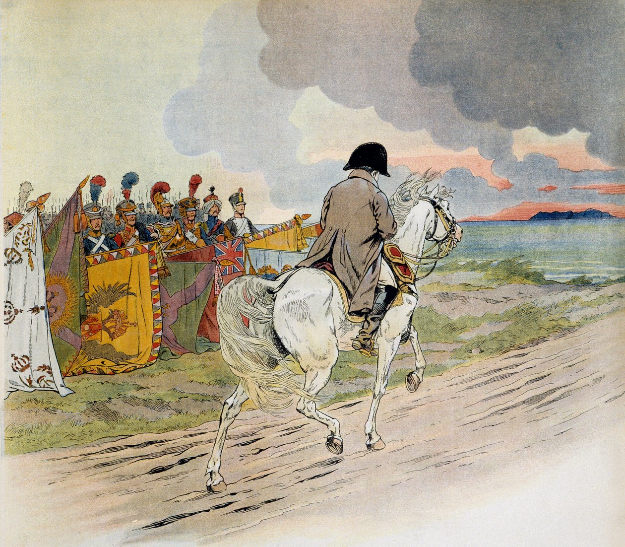 يمر نابليون أمام قواته على ظهور الخيل عندما غادر في المنفى بجزيرة إلبا. رسم توضيحي لجاك ماري غاستون أونفراي دي بريفيل ديت جوب (1858-1931). مجموعة خاصة بواسطة اسم مستعار لـ Onfray de Breville Jacques Job