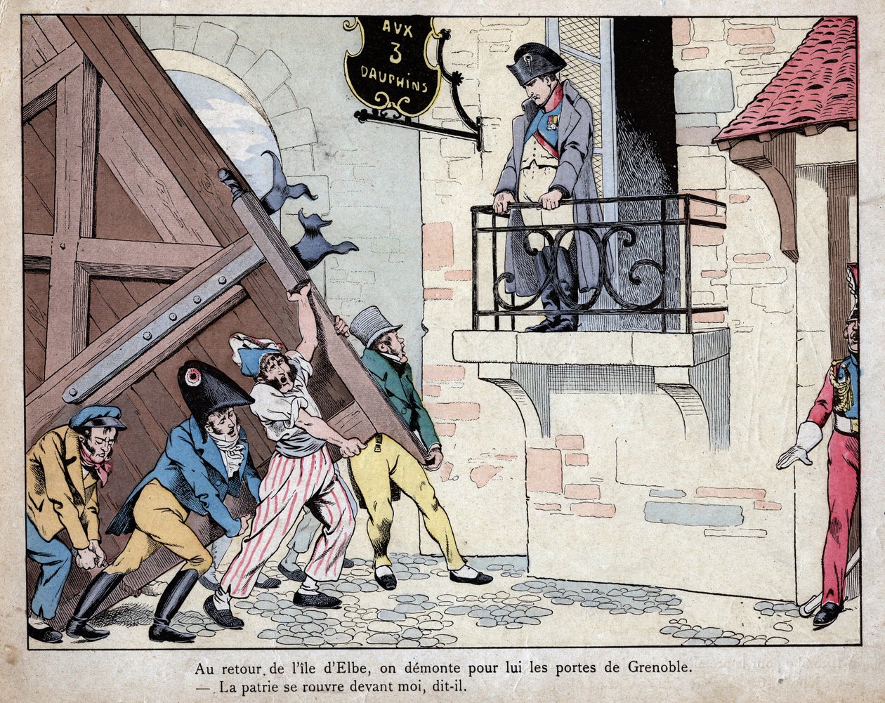 نابليون يحشد جنوده إلى غرونوبل عند عودته من جزيرة إلبا - مدينة غرونوبل تفتح أبوابها لنابليون عند عودته من المنفى في إلبا ، 7 مارس 1815 - الطباعة الحجرية بواسطة Job (جاك أونفروي دي بريفيل) من "" Le Grand Napoleon des بيتي بواسطة اسم مستعار لـ Onfray de Breville Jacques Job
