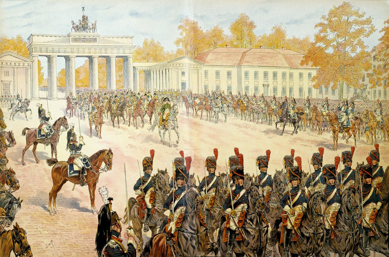 في 27 أكتوبر 1806 دخل نابليون الأول بونابرت (1769-1821) وجيشه برلين. في "" نابليون "لجورج مونتورجيل. رسم توضيحي لجاك ماري غاستون أونفراي دي بريفيل Dit JOB (1858-1931) بواسطة اسم مستعار لـ Onfray de Breville Jacques Job