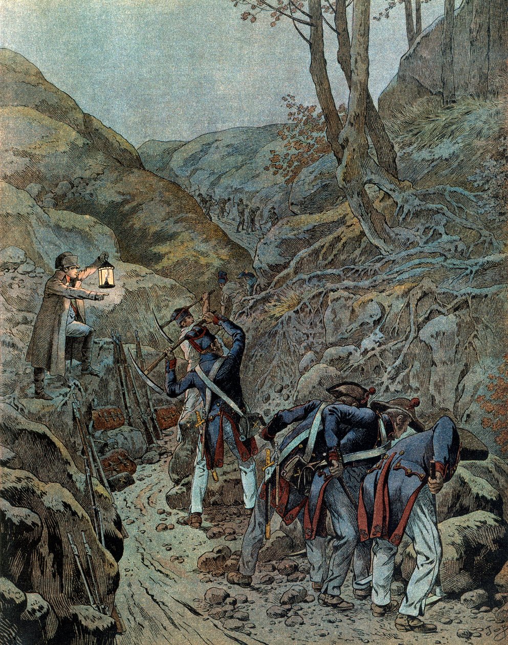 حملة بروسيا (1806): كانت القوات تعمل على توسيع ممر للمدافع عند سفح جبل إينا عشية المعركة (التي اندلعت في 14 أكتوبر). بواسطة اسم مستعار لـ Onfray de Breville Jacques Job