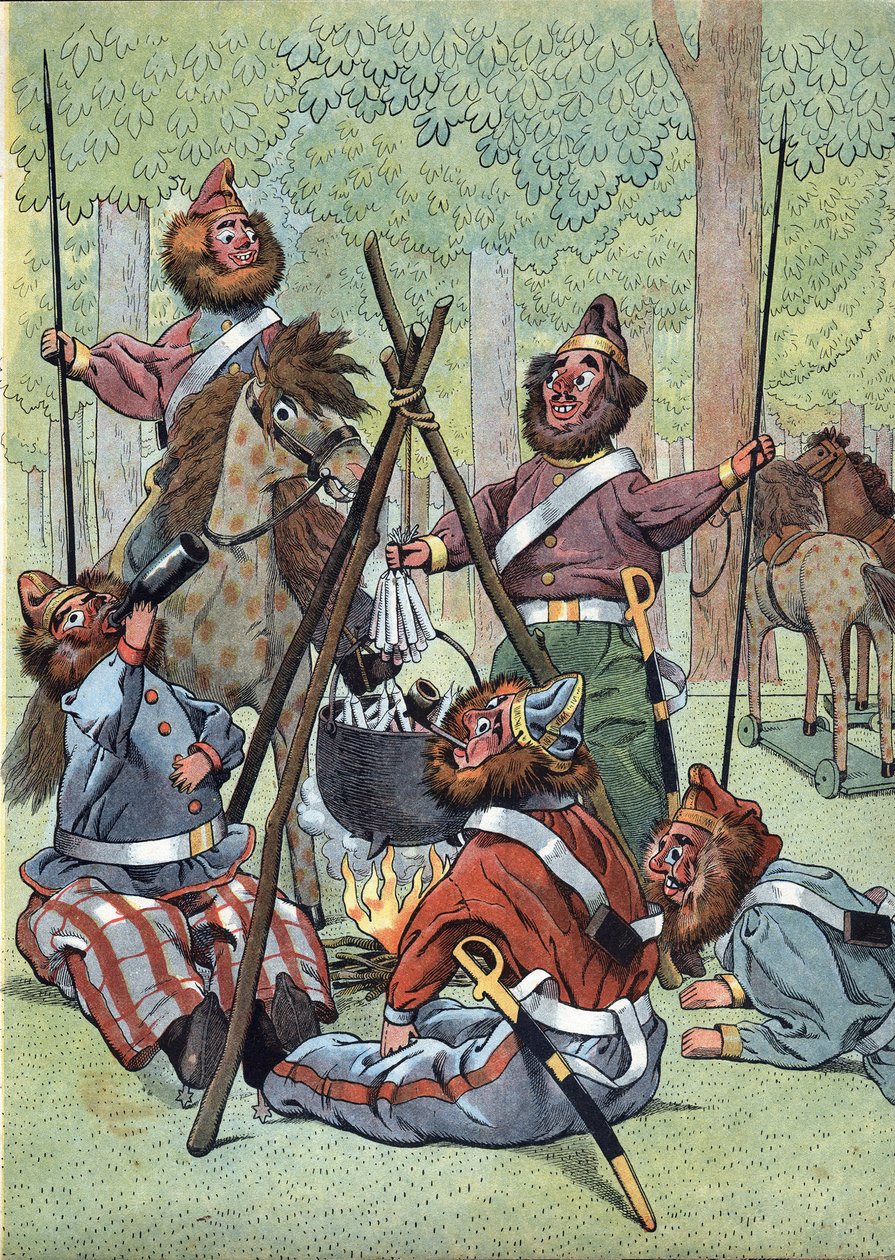 مشهد من تاريخ فرنسا في اللعب: بعد حلقة انسحاب روسيا خلال الحرب النابليونية (1812) أقام القوزاق إقامة مؤقتة في الشانزليزيه في باريس عام 1814. في "" Joujoux a l'histoire: la France نظمت مع The Joujoux de deux p بواسطة اسم مستعار لـ Onfray de Breville Jacques Job