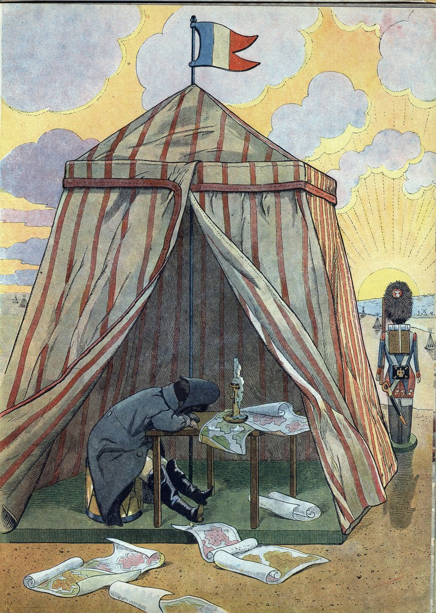 مشهد من تاريخ فرنسا في اللعب: نابليون الأول بونابرت (1769-1821) في حالة راحة قبل معركة أوسترليتز في 2 ديسمبر 1815. في "" Joujoux a l'histoire: la France نظمت مع Joujoux deux petits Francais "" . رسم توضيحي للوظيفة (جاك ماري بواسطة اسم مستعار لـ Onfray de Breville Jacques Job