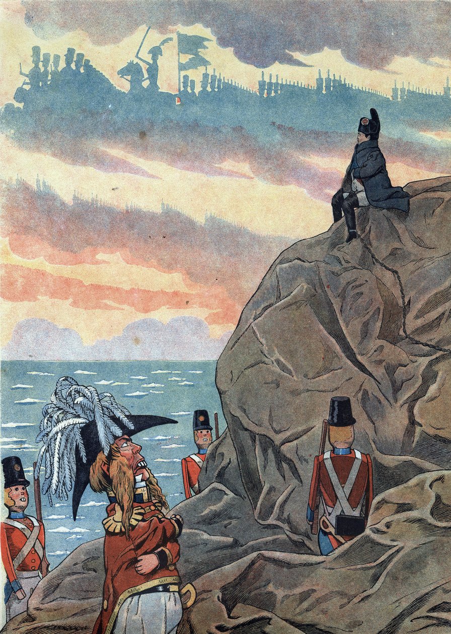 مشهد من تاريخ فرنسا في اللعب: نابليون الأول بونابرت (1769-1821) في المنفى بجزيرة سانت هيلين (سانت هيلين) قدم في موقف حزن ووحدة. في "" Joujoux a l'histoire: la France نظمت مع Joujoux de deux pe بواسطة اسم مستعار لـ Onfray de Breville Jacques Job
