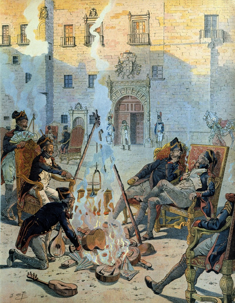 Spanish War (1808-1813): The French army of Napoleon I Bonaparte (1769-1821) in Spain taking a good time. In “” Napoleon”” by Georges Montorgueil. Illustration by Jacques Marie Gaston Onfray de Breville dit JOB (1858-1931) بواسطة اسم مستعار لـ Onfray de Breville Jacques Job