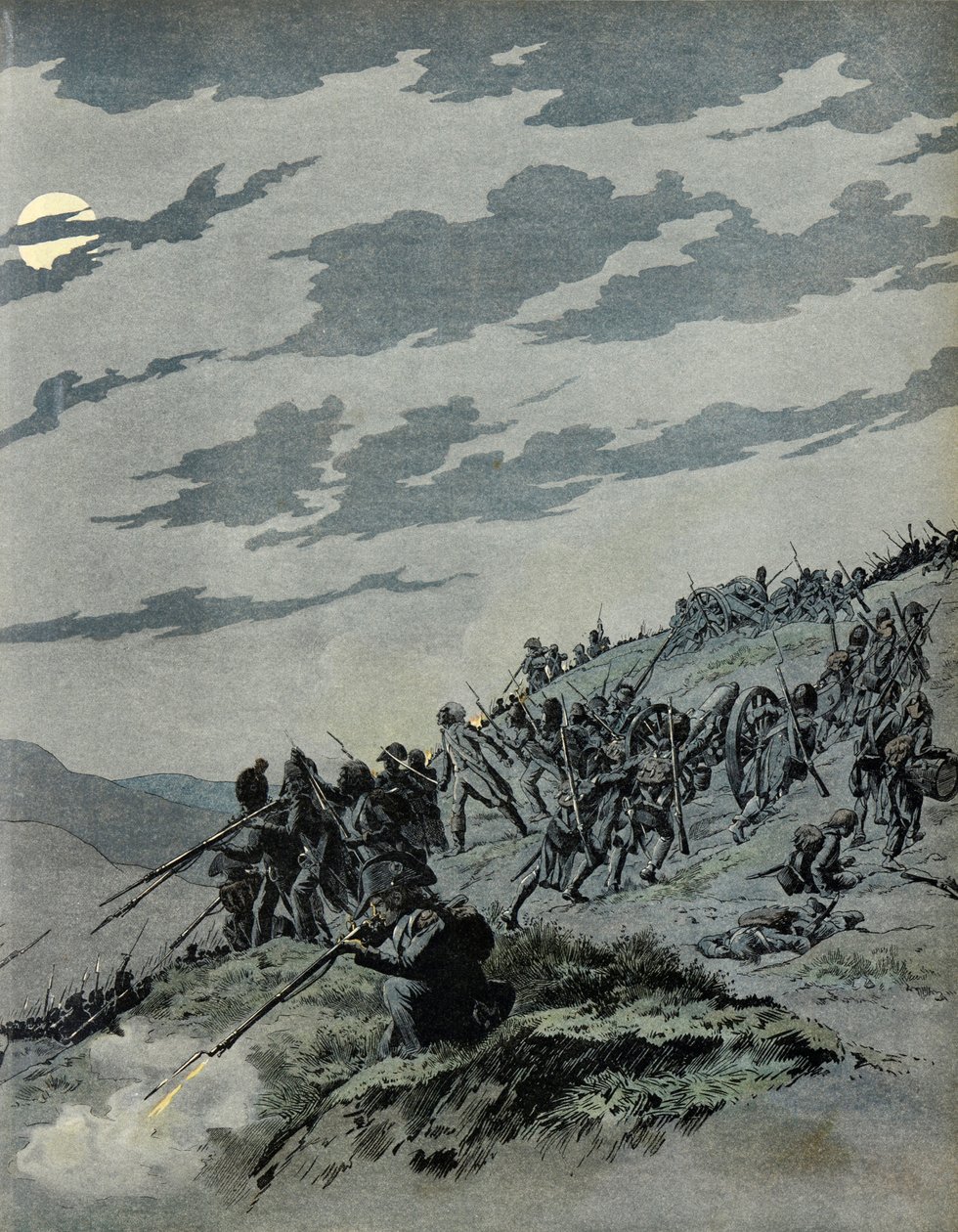 جيش البيرينيه ضد الإسبان - ثيوفيل مالو كوريت دي لا تور (أو لاتور) ديوفيرني (ثيوفيل مالو دي لا تور دي أوفيرني-كوريت) (1743-1800) مع فوج مشاة 80 من أنغوموا (يسمى عمود جهنمي) - رسم توضيحي لـ J بواسطة اسم مستعار لـ Onfray de Breville Jacques Job
