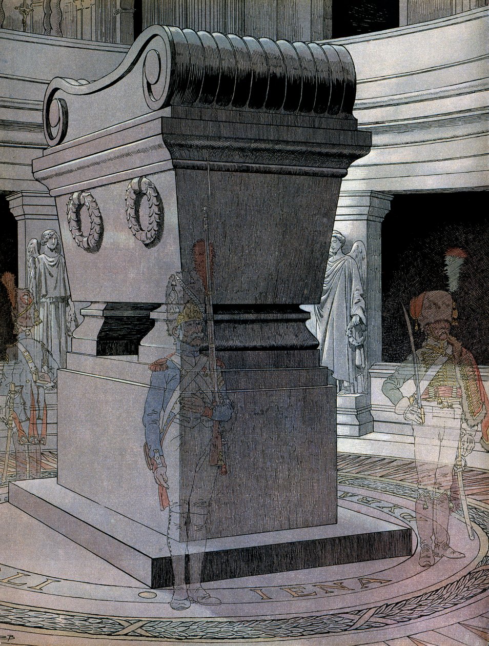 قبر الإمبراطور نابليون الأول بونابرت (1769-1821) في Invalides مع حراس الأشباح. في "" نابليون "لجورج مونتورجيل. رسم توضيحي لجاك ماري غاستون أونفراي دي بريفيل Dit JOB (1858-1931) بواسطة اسم مستعار لـ Onfray de Breville Jacques Job