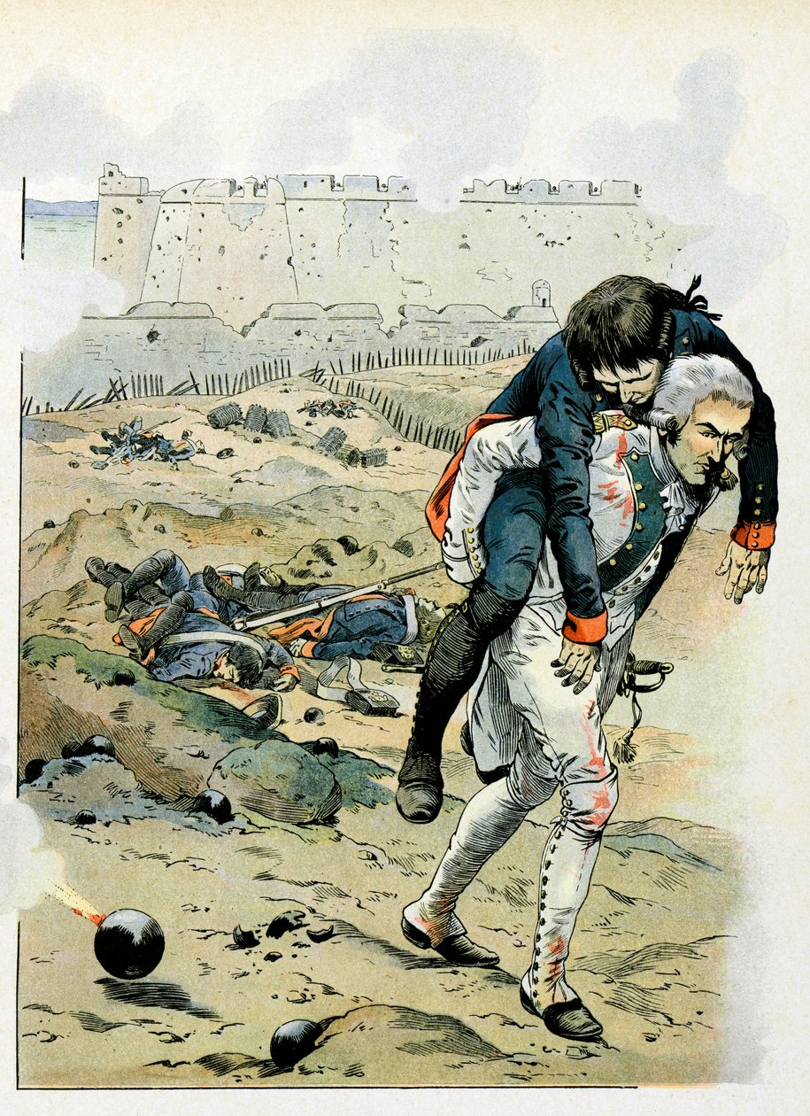 Theophile Malo Corret de La Tour (or Latour) d'Auvergne (Theophile-Malo de La Tour d'Auvergne-Corret) (1743-1800) ينقذ جنديًا تحت نيران العدو - رسم توضيحي لأيوب (جاك ماري غاستون أونفراي وبريفيل) ( جاك ماري) (1858-1931) عن كتاب "La بواسطة اسم مستعار لـ Onfray de Breville Jacques Job