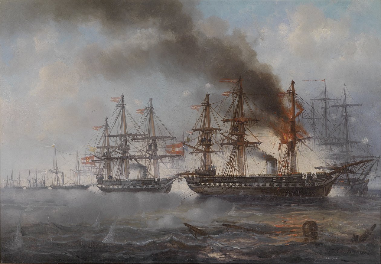 المعركة البحرية في Helgoland 1864 (الفرقاطة النمساوية المحترقة شوارزنبرج ، خلف الفرقاطة Radetzky) بواسطة جوزيف كارل برتولد بوتنر