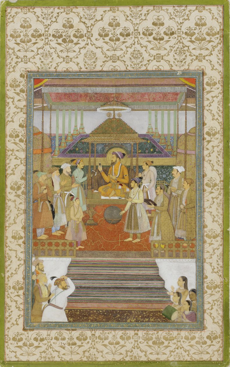 الإمبراطور شاه جهان على "عرش الطاووس" ، 1640 (مرحاض غير شفاف وذهب على ورق) بواسطة ابن عقا رضا عابد