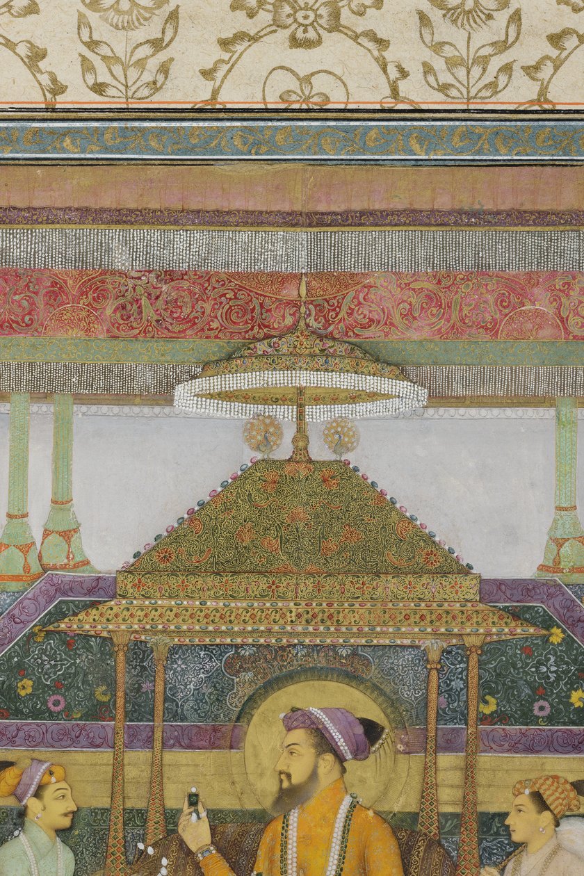 تفاصيل من الإمبراطور شاه جهان على عرش الطاووس ، 1640 (مرحاض غير شفاف وذهب على ورق) بواسطة ابن عقا رضا عابد