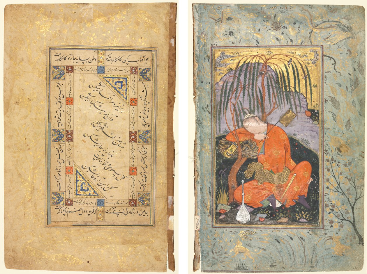 المقاطع الفارسية (وجه الصفحة) ؛ الشباب النائم (ظهر) بواسطة اسلوب رضا yi عباسي
