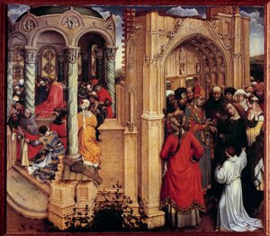 The Marriage of the Virgin Wood Painting by Robert Campin called the Master of Flemalle (1375-1444) 15th century Sun. 0.77x0.88 m Madrid, Prado Museum - The Marriage of the Virgin. Painting on wood by Robert Campin known as the Master of Flemalle (1375-144