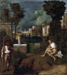 العاصفة. تفاصيل المرأة التي ترضع طفلها ومنظرها الطبيعي - زيت على قماش ، حوالي 1505-1506 بواسطة جيورجيون