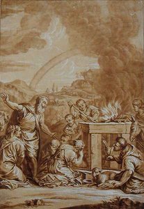 نوح بعد الطوفان ، نقش بواسطة إليشا كيرخال (1682-1742) (ليثو ملون) بواسطة فيرونيز
