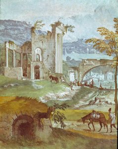 منظر طبيعي لغرفة باخوس. لوحة لباولو كالياري يُدعى باولو فيرونيزي (1528-1588) ، حوالي 1561. فريسكو مازر (تريفيزو) ، فيلا باربارو ، غرفة باخوس