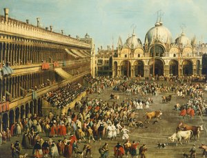 مصارعة الثيران أو صيد الثيران في ساحة سان ماركو ، بواسطة قناة جيوفاني أنطونيو ، المعروفة باسم كاناليتو (1697-1768) وجيوفاني باتيستا سيمارولي (1687 - بعد 1753) ، زيت على قماش ، 99 × 145 سم بواسطة كاناليتو
